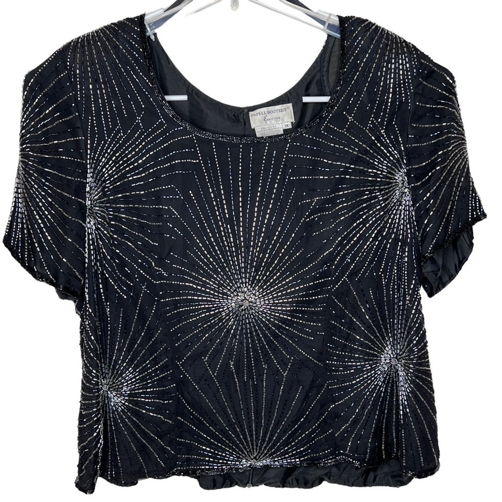 Vintage 80βs Papell Black Silk Beaded Scoop Neck Short Sleeve Cocktail Blouse 3X - Picture 2 of 15